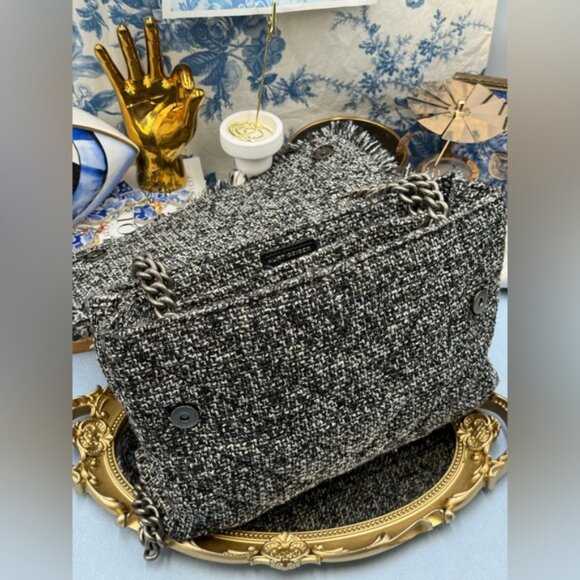 🆕 KURT GEIGER LONDON 🧿 NWOT Large Tweed Kensington Bag, Metallic Black & White - Picture 13 of 16